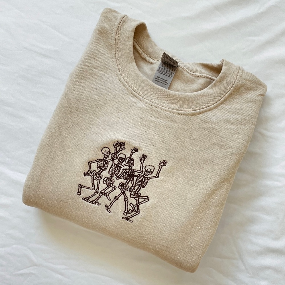 Tan/Beige Halloween Dancing Skeletons Oversized Crewneck Embroidered Sweatshirt